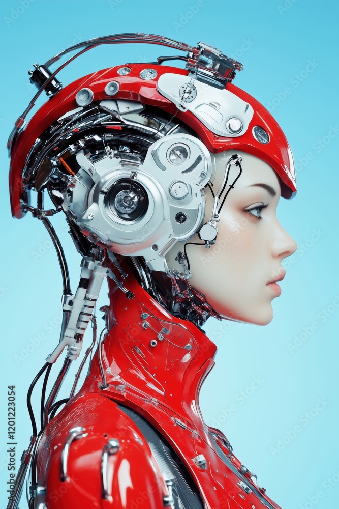 Poster futuristic humanoid robot with intricate mechanical design and vibrant red exterior, showcasing adva