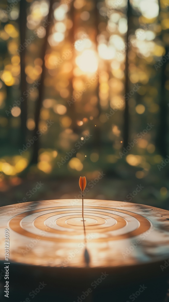 Poster perfectly centered dart arrow on target in sunlit forest, symbolizing precision and focus