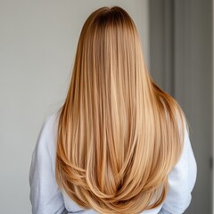 Naklejka premium Golden blonde hair impeccably straight and cascading down.