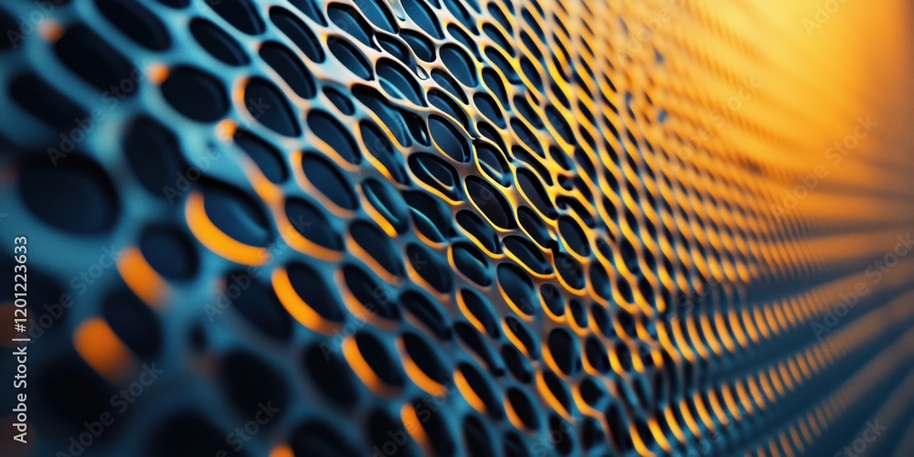 Poster textured metallic surface with circular perforations reflecting warm light, showcasing intricate pat