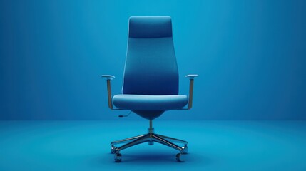 Office chair with a blue fabric seat and back against a monochrome blue background