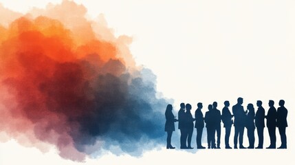 Silhouettes of diverse business people conversing against a colorful abstract background, Ideal for themes of networking, teamwork