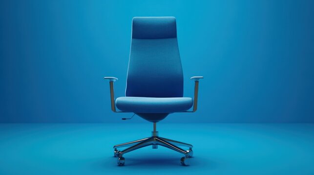 Office chair with a blue fabric seat and back against a monochrome blue background