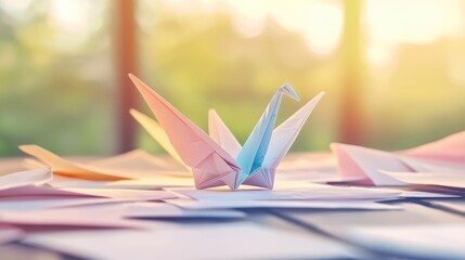 Serene Origami Swan Amidst Papers, Sunlit Backdrop