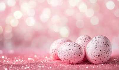 Pink speckled Easter eggs on sparkling pink background, festive decoration for spring celebrations, vibrant colors, soft bokeh effect