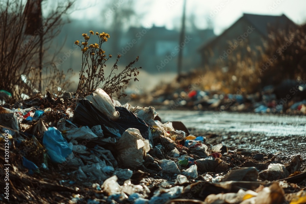 Poster trash and debris accumulate on the side of a road, possibly indicating litter or waste disposal issu
