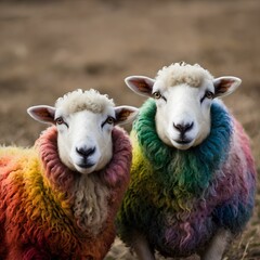 Obraz premium Two rainbow-colored sheep in a meadow