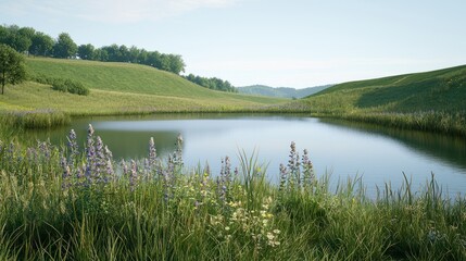 Serene Pond in a Wildflower Meadow