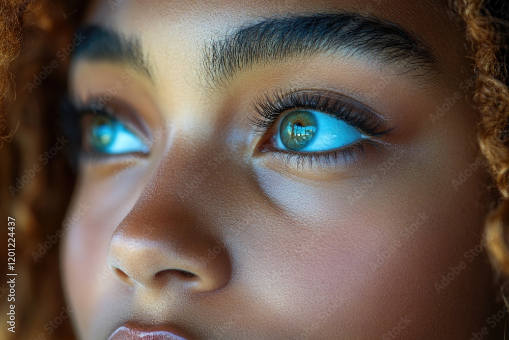 Aufkleber close-up portrait of a woman with striking blue eyes, ideal for use in editorial or commercial conte