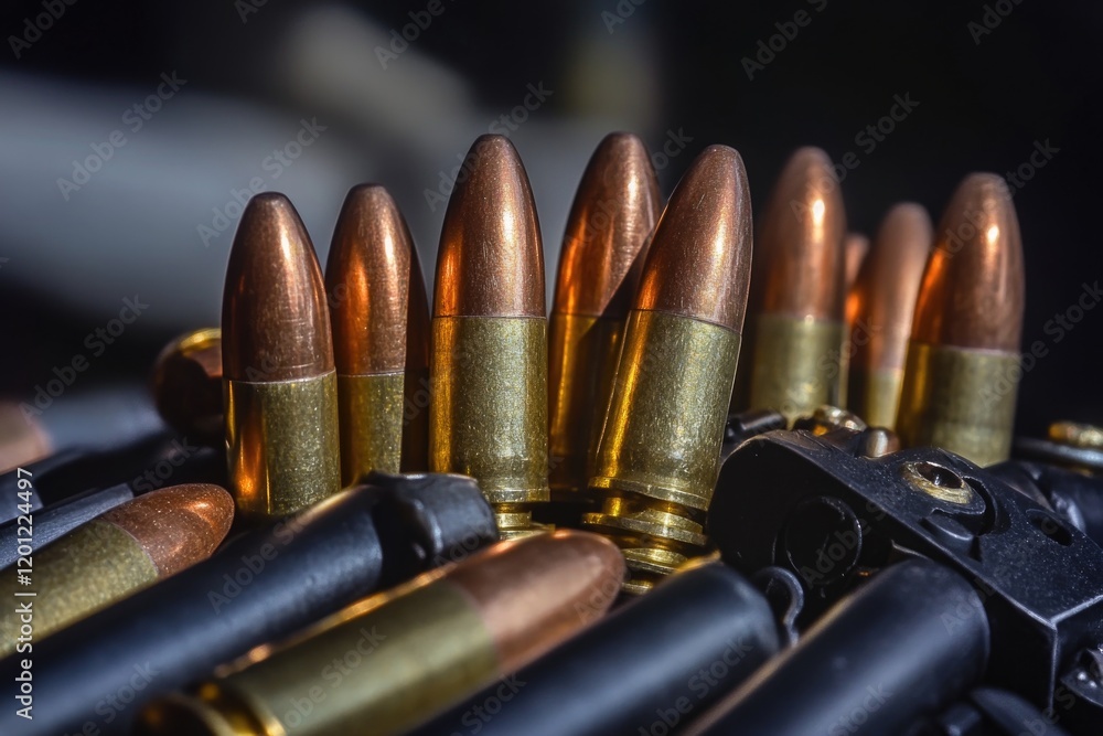 Poster close-up view of a collection of spent bullet shells