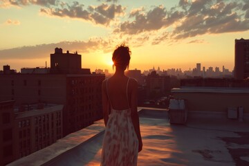 Fashion model enjoying golden hour light on a rooftop with city skyline in background