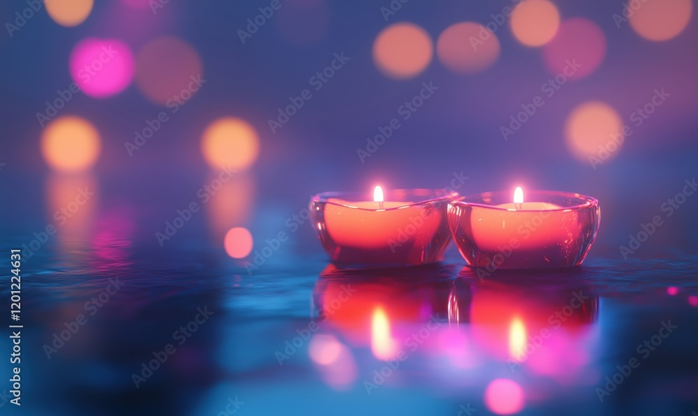 Poster glowing candles in serene ambiance with soft bokeh lights reflecting on water surface, creating a tr