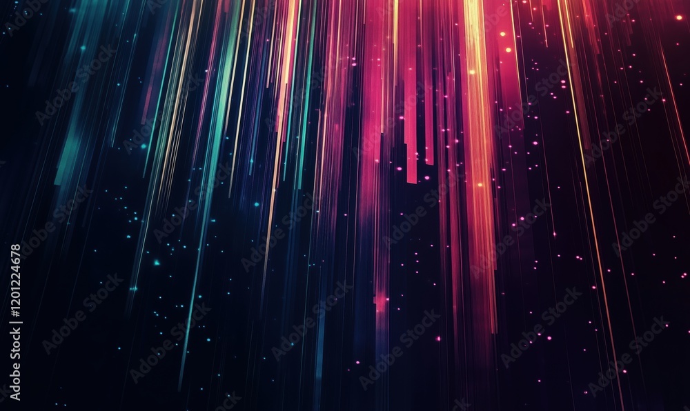 Poster colorful vertical light streaks with glowing particles creating a vibrant abstract background