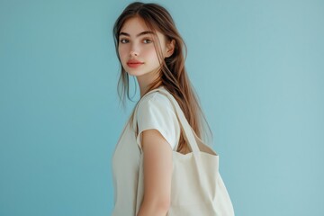 Studio portrait of a young woman holding a reusable shopping bag, promoting sustainable fashion and eco conscious consumerism