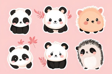 Cute kawaii animal stickers featuring smiling pandas and hedgehogs on a pink background, perfect for children's projects and decorations