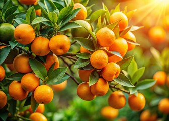 Lush Orange Grove: Close-up of Small Oranges on Branch, Selective Focus