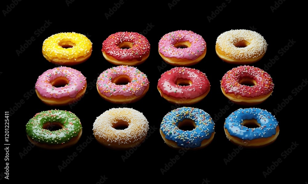 Poster colorful assortment of donuts featuring vibrant icing and sprinkles arranged in a grid pattern on a 