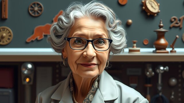 Esteemed Woman Scientist Featured with Symbols Signifying Her Groundbreaking Discoveries