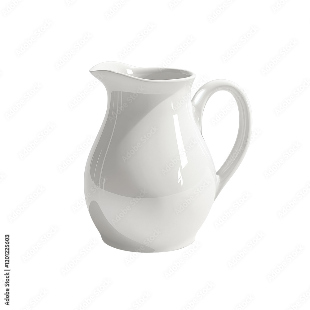 Poster a single white ceramic creamer pitcher is shown against a plain white background. it has a simple el