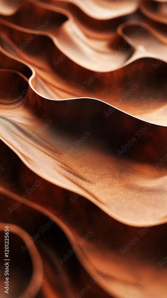 Poster textured copper waves creating dynamic patterns and reflections in a fluid-like surface, showcasing 