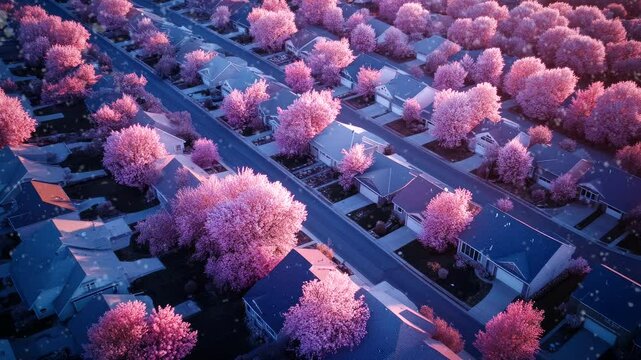 Aerial view of suburban neighborhood lined with blooming pink trees, seamless looping 4k time-lapse animation video background