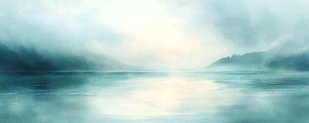 Obraz premium Misty watercolor concept. A tranquil misty lake with soft blue tones and serene reflections at dawn.