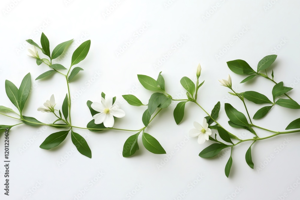 Poster sprig of delicate daisy with green leaves lying on a white background creating a natural and elegant