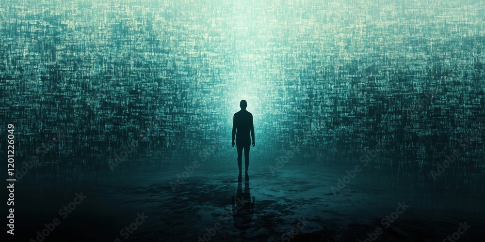 Poster silhouette of a person standing in a digital landscape with glowing binary code, representing techno