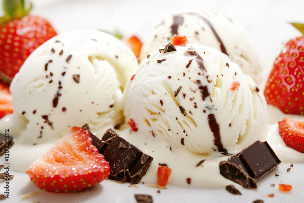 Poster a colorful dessert featuring three scoops of ice cream topped with chocolate and strawberries