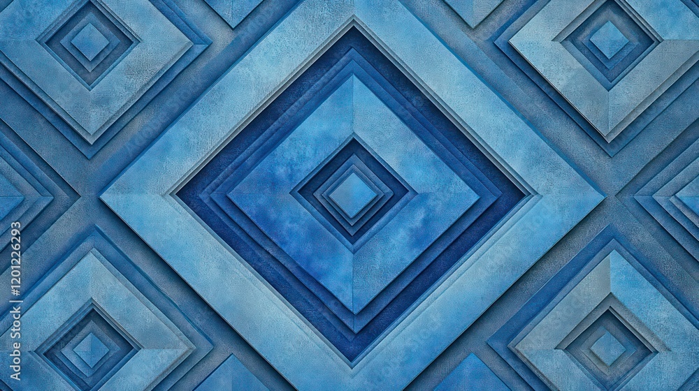 Poster abstract blue geometric pattern of nested squares creating a 3d effect, ideal for backgrounds or tex