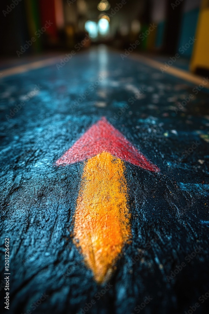 Poster a yellow arrow painted on the ground in a parking garage, useful for navigation and wayfinding