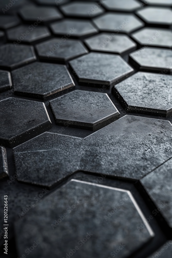 Poster hexagonal black textured surface with a modern industrial design, showcasing intricate patterns and 