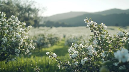 Apple orchard in bloom with green apples in the foreground and distant hills on the horizon