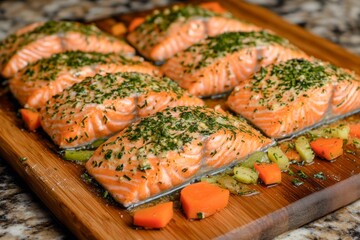 herb-roasted salmon fillets with fresh parsley, dill, thyme, and seasonal vegetables on a wooden cutting board