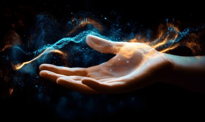 Hand with digital waveform graphic on top, Generative AI