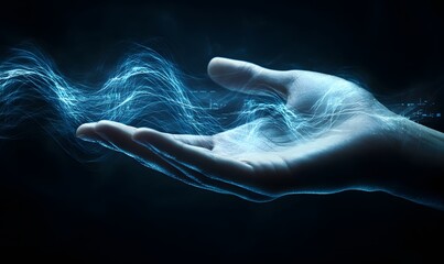 Obraz premium Hand with digital waveform graphic on top, Generative AI