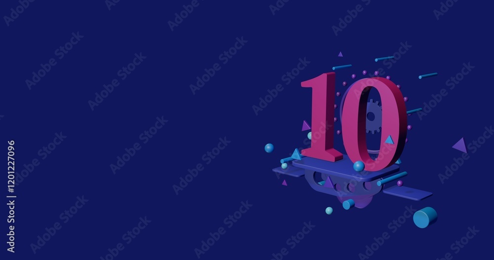 Poster pink number ten symbol on a pedestal of abstract geometric shapes floating in the air. abstract conc