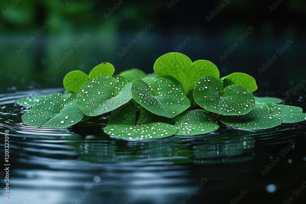 Poster a group of green leaves floating on the surface of calm water