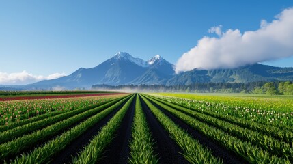 Fototapeta premium Scenic view of tulip fields with mountains in the background.