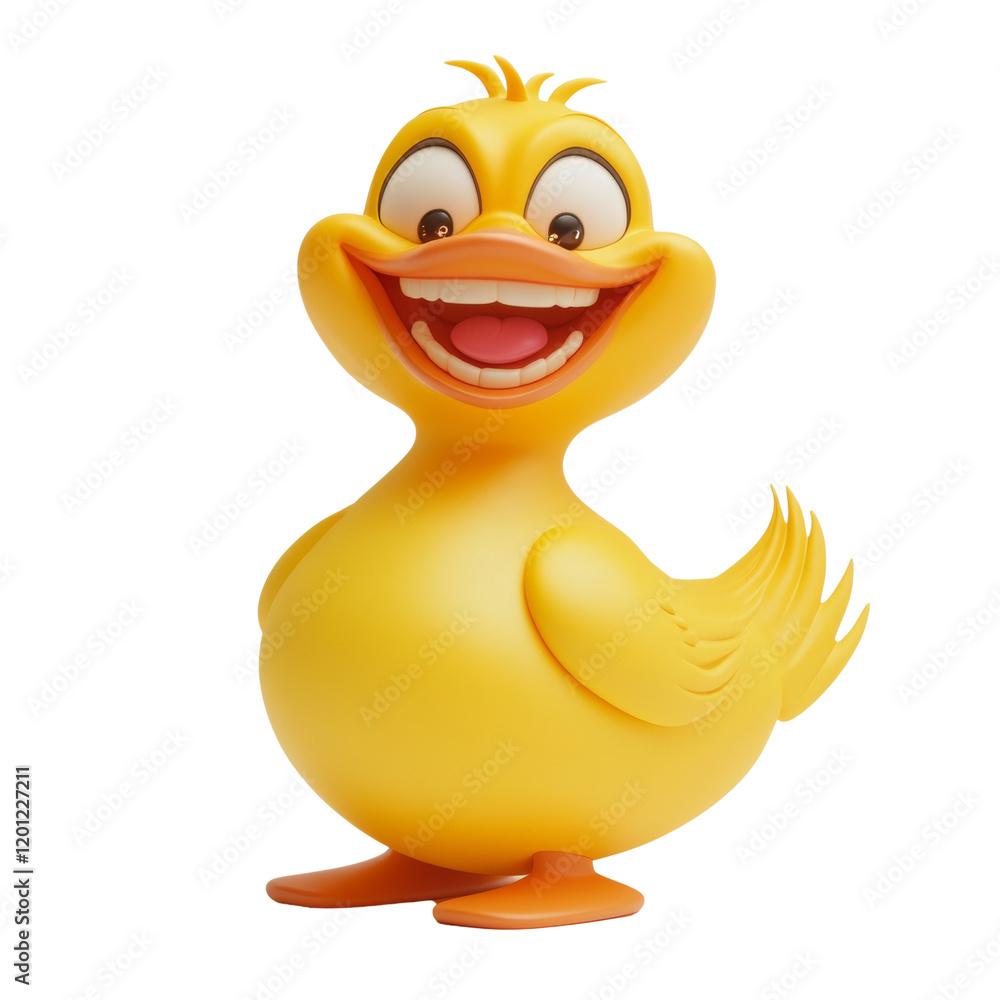 Poster a cheerful 3d rendered cartoon duckling exhibits a joyful expression against a white backdrop.