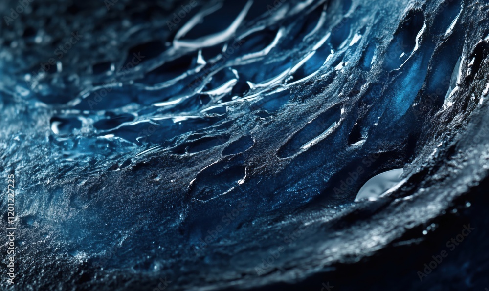 Poster abstract close-up of textured surface with intricate patterns and reflections, showcasing dark blue 