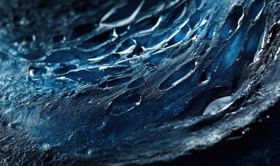 Abstract close-up of textured surface with intricate patterns and reflections, showcasing dark blue tones and glossy finish