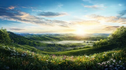 Serene sunrise over lush green landscape in nature soft light illuminating blooming flowers gentle mist rising symbolizing rebirth