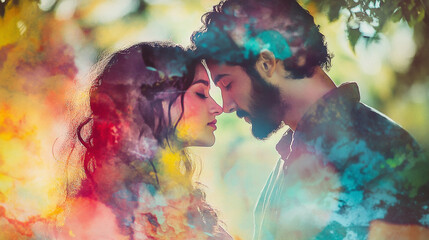 Couple sharing an intimate moment in a colorful outdoor setting during the golden hour