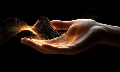 Hand with digital waveform graphic on top, Generative AI