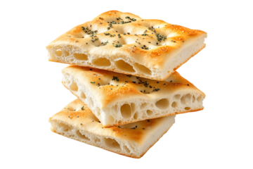 Set of focaccia bread isolated on a white transparent background, Italian bread, usually flavored with olive oil and herbs.