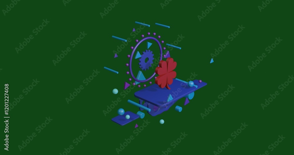 Poster red four-leaf clover symbol on a pedestal of abstract geometric shapes floating in the air. abstract