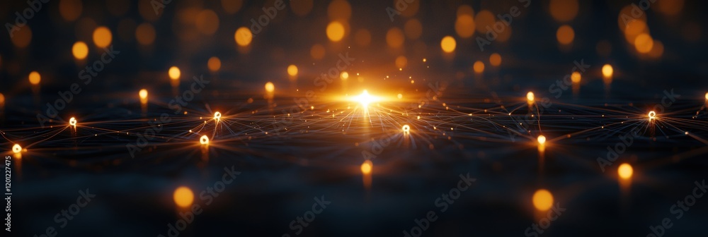 Poster abstract glowing network of interconnected nodes with bright central light, creating a mesmerizing d