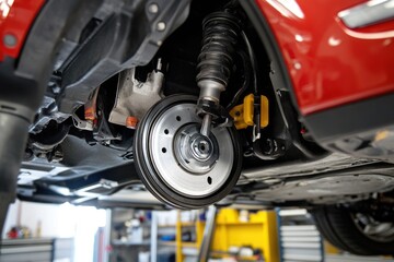 Fototapeta premium A detailed view of a car's front wheel, suitable for automotive or mechanical illustrations
