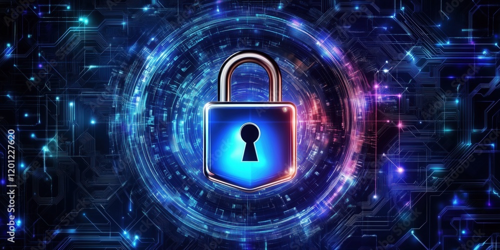 Poster digital lock symbolizing cybersecurity and data protection in futuristic technology environment with
